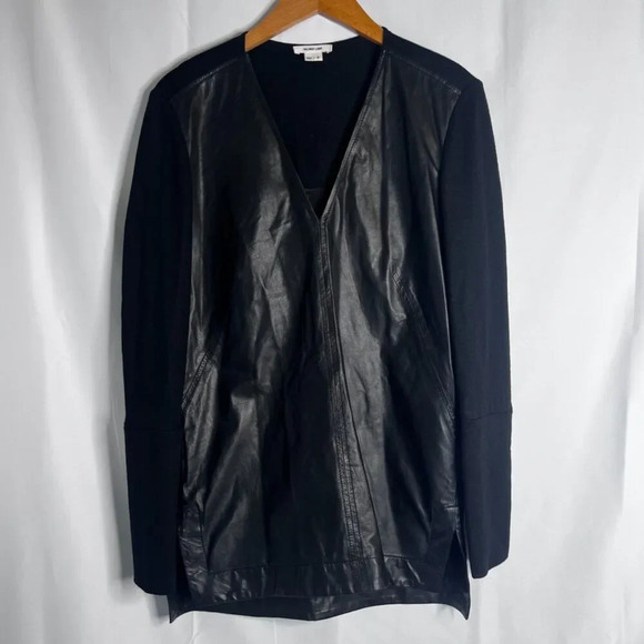 Helmut Lang Black Vneck Cow Leather & Wool Long Sleeve Tunic Top Size Small - Picture 12 of 12